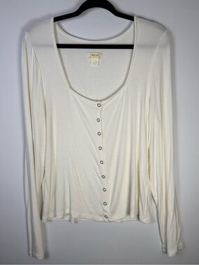Maeve for Anthropologie white long-sleeve ribbed Henley top with button-front XL